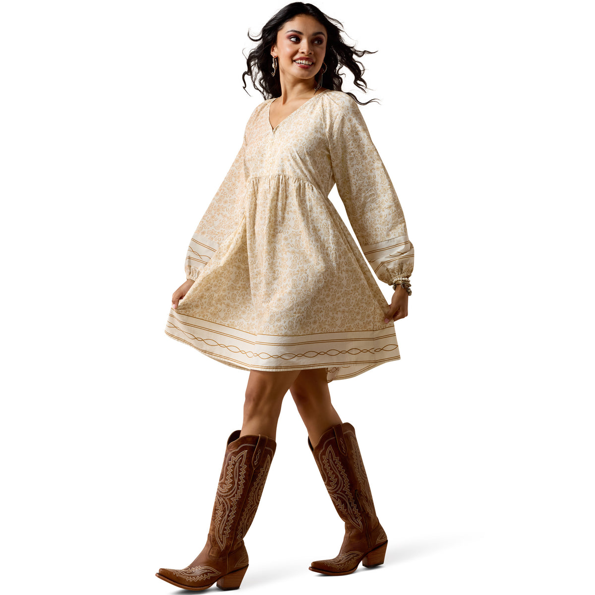 Ariat Women's Rosie Dress featuring floral Boots 'N' Roses pattern, lightweight fabric with a relaxed fit, perfect for casual wear.