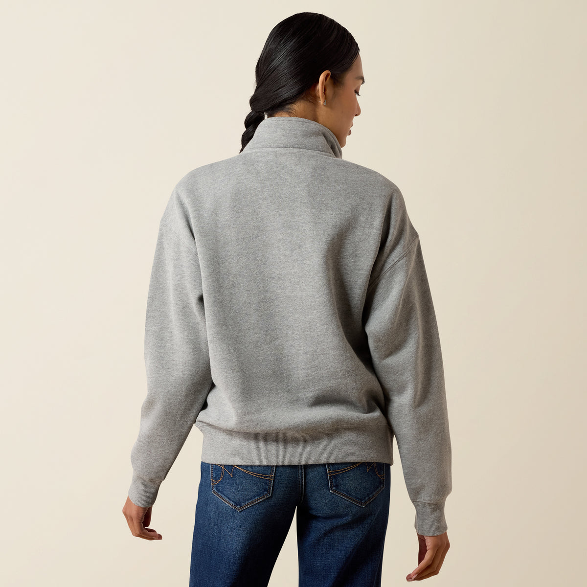 Ariat Women's Heather Grey Selena 1/2 Zip Sweatshirt, cozy fleece with half-zip design and ribbed cuffs, casual and comfortable.