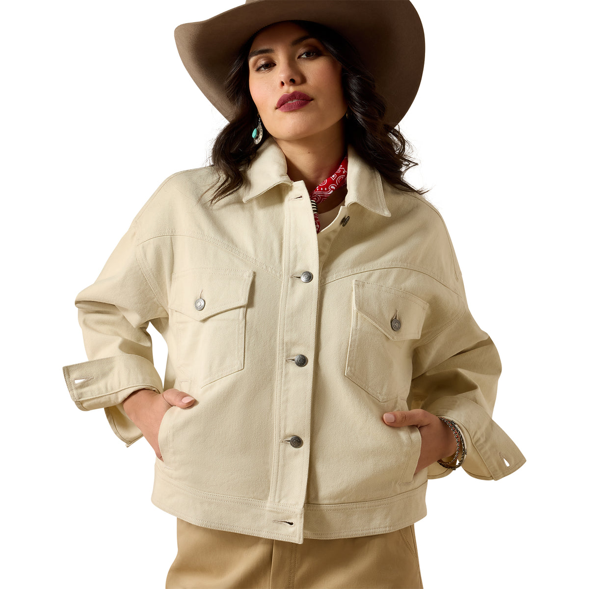 Ariat Women's Solar Cotton Twill Trucker Jacket in Summer Sand, showcasing a lightweight, casual jacket with a classic fit and button details.