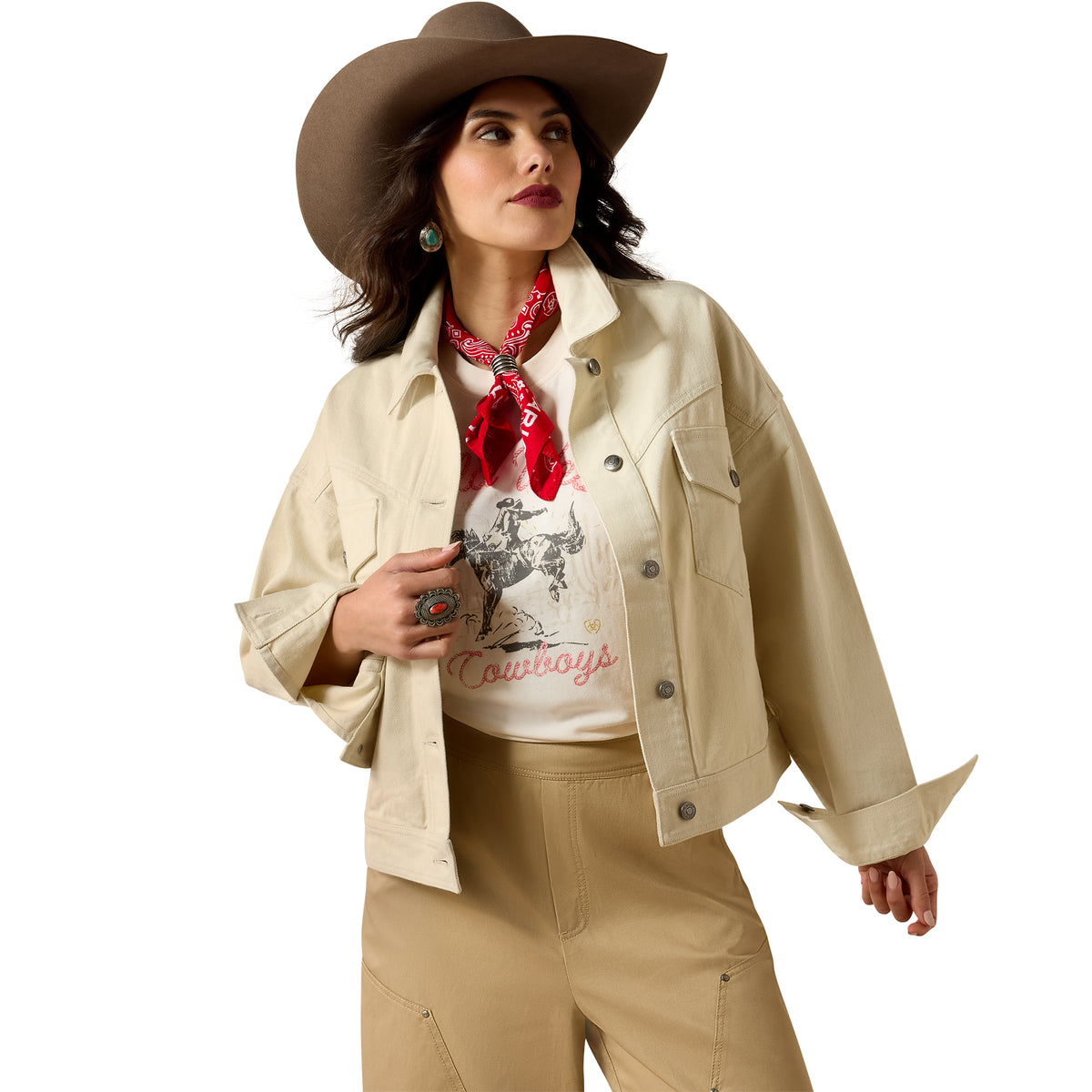 Ariat Women's Solar Cotton Twill Trucker Jacket in Summer Sand, showing the casual fit and button-front design.