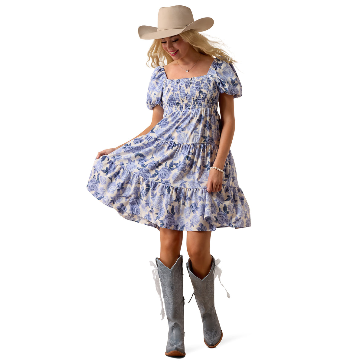 Ariat Women's Sweetie Dress in Roses are Blue featuring a stylish floral print and lightweight fabric, perfect for casual wear.