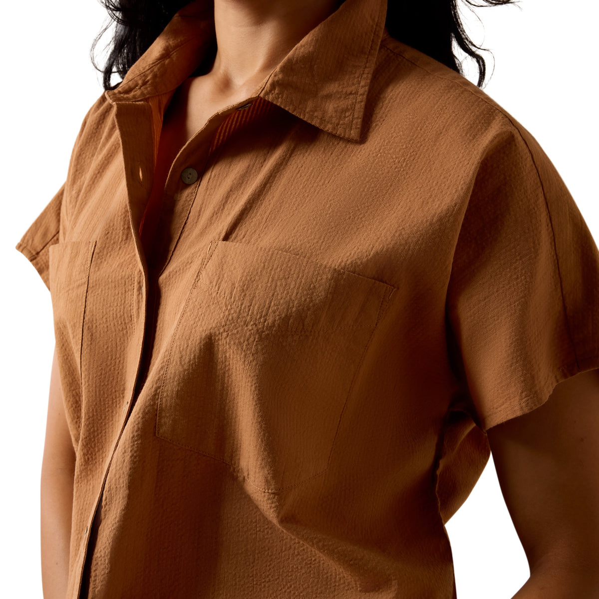 Ariat Women's Vacation Shirt in saddle brown, casual button-up shirt with a relaxed fit and short sleeves, suitable for warm weather.