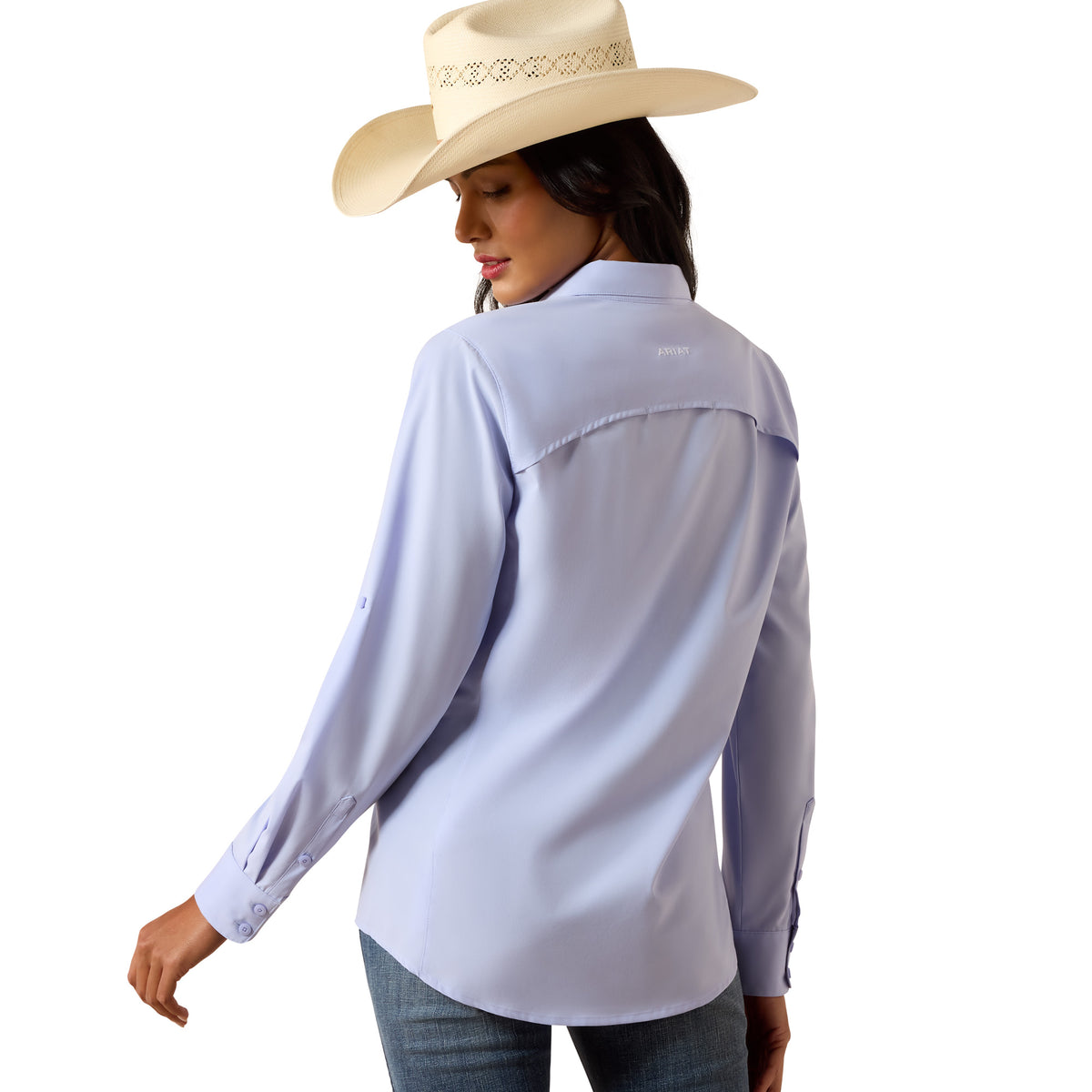 Ariat Women's VentTEK shirt in baby lavender, lightweight and breathable with a collared design and short sleeves.