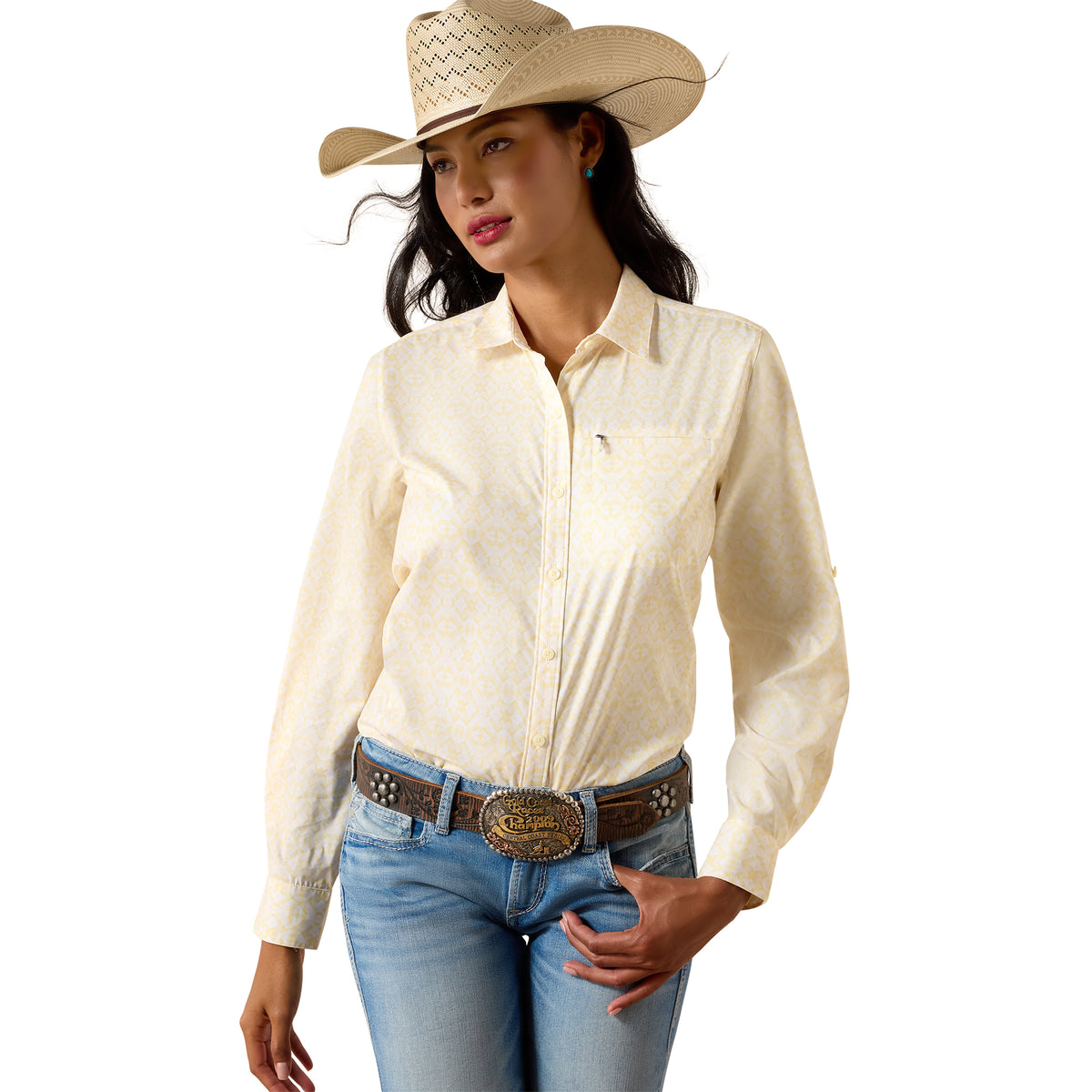 Ariat Women's VentTEK Shirt in Pear Sorbet Kaleidoscope, lightweight and breathable riding shirt with vibrant pattern.
