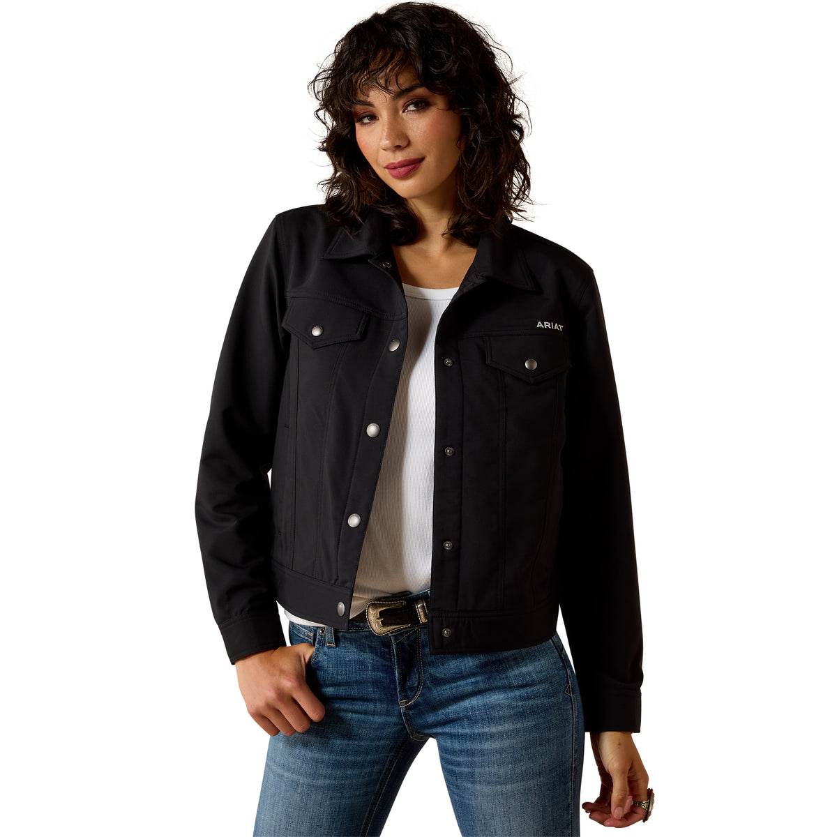 Ariat Women's Wagoner lightweight black jacket with a front zipper and collar, perfect for casual outdoor wear.