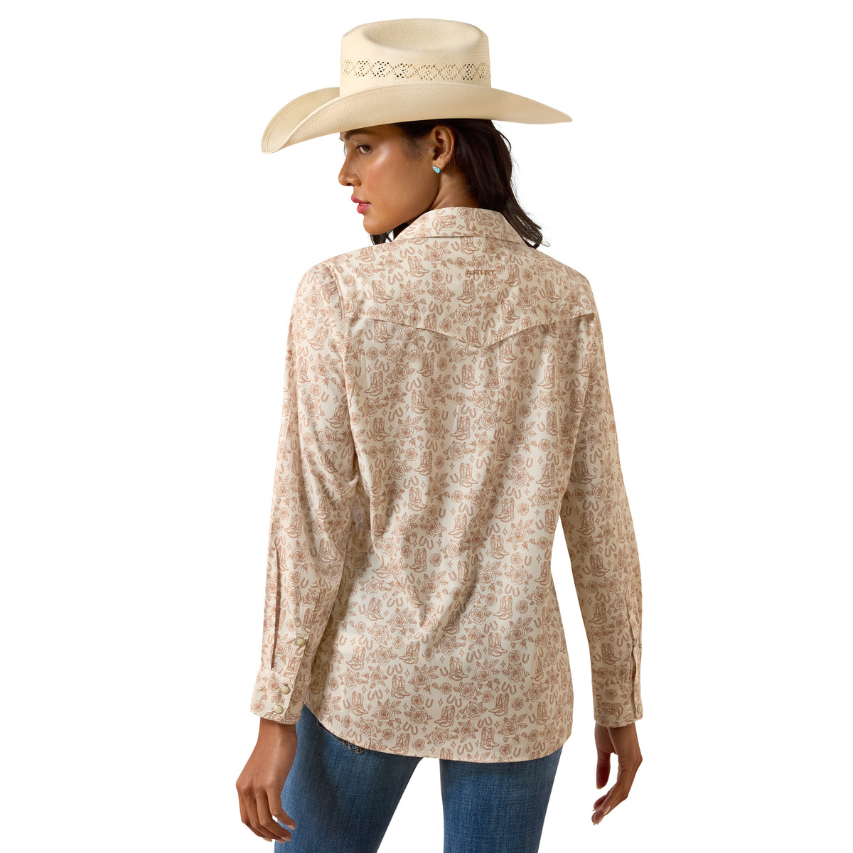 Ariat Women's Western VentTEK Shirt with Boots 'N' Roses print, lightweight western-style button-up shirt for women.