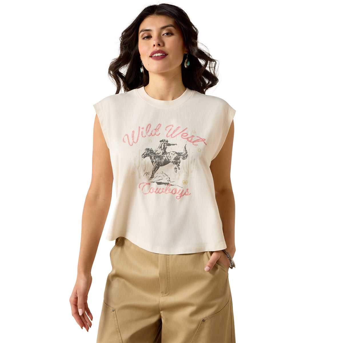 Ariat Women's Wild West Cropped T-Shirt in Sea Salt, featuring a casual fit and Western-inspired style, displayed on a flat surface.