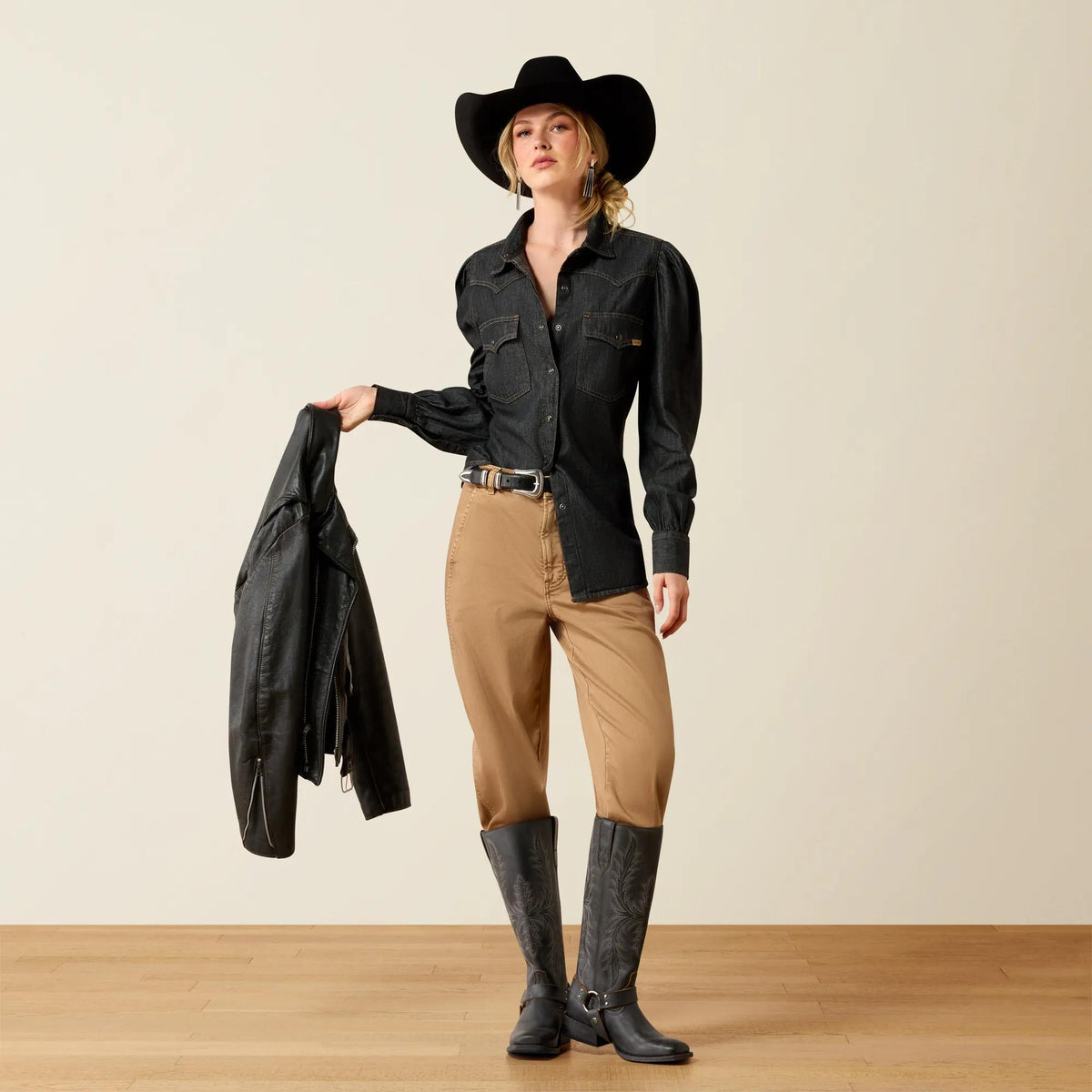 Ariat Women's Nina long sleeve Western shirt in Black Tint, full-length view on model