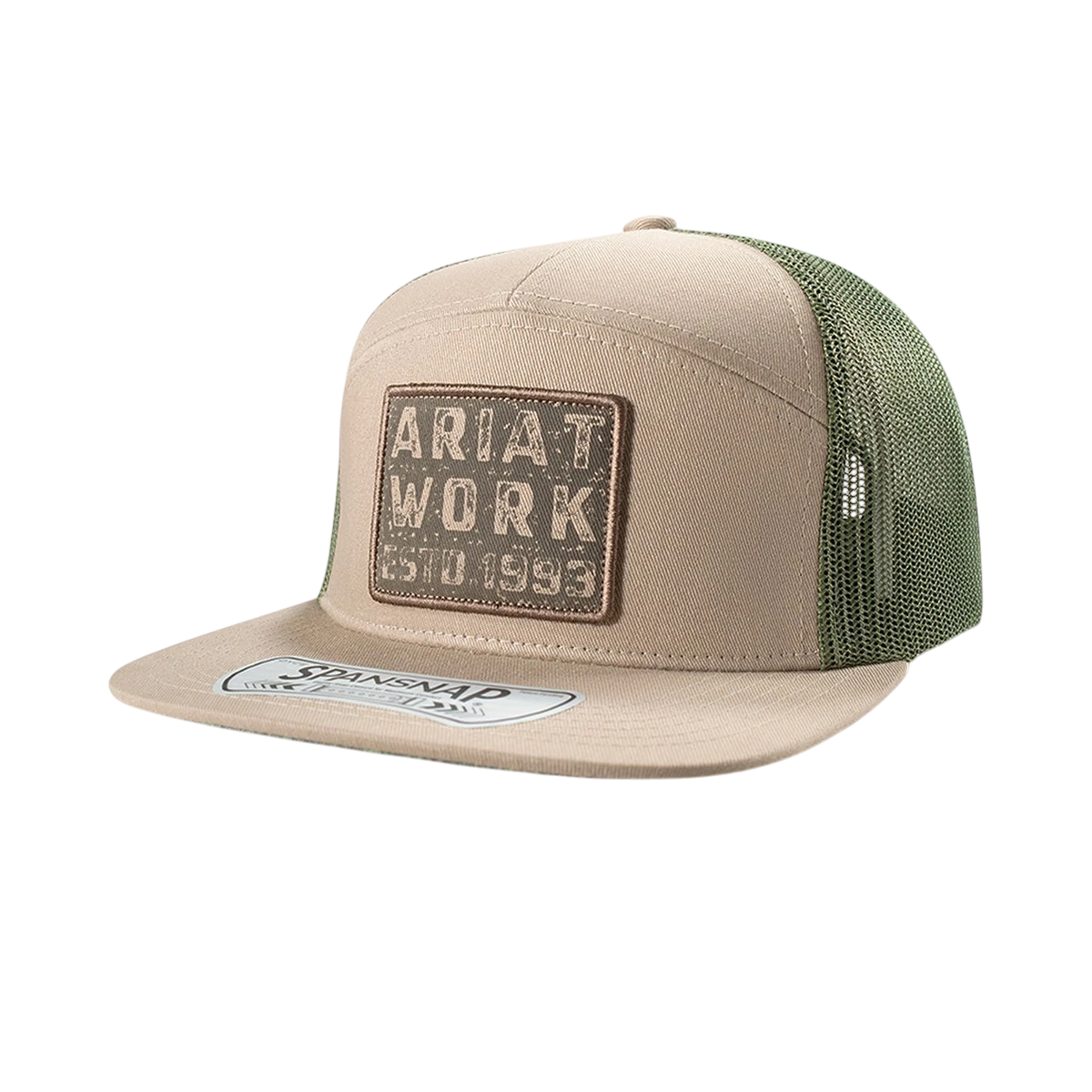 Ariat men's work 7-panel patch snapback baseball cap with adjustable strap and embroidered patch, in a casual style.