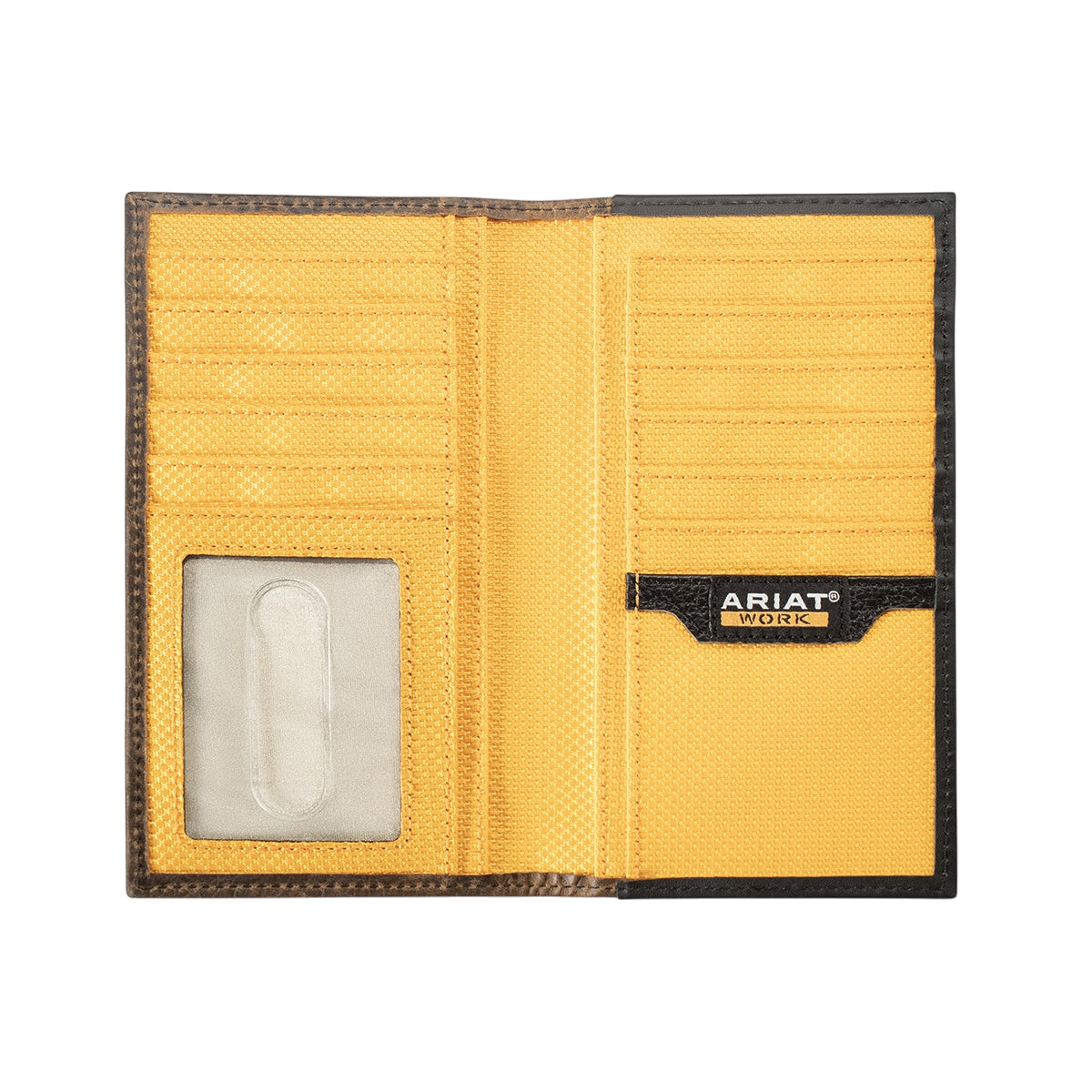 M&F Ariat Work checkbook style wallet with multiple card slots and a leather finish, designed for durability and everyday use.