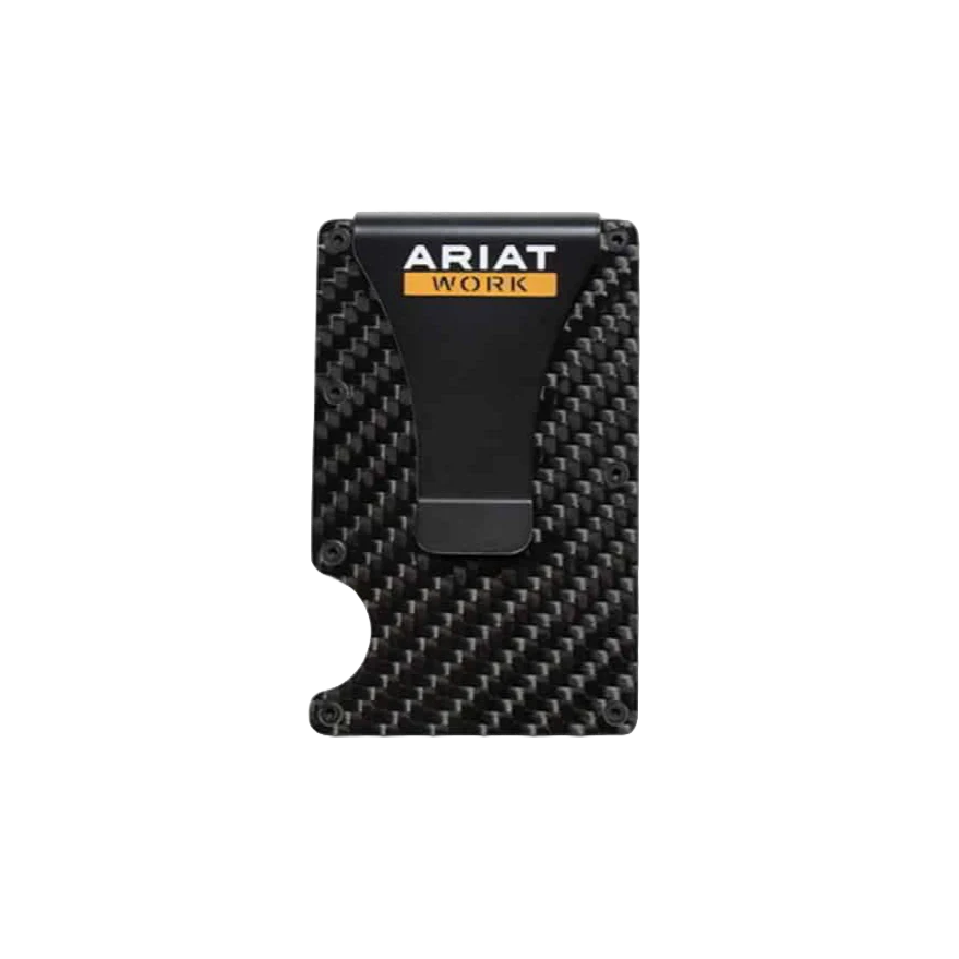 Ariat Work Wallet in black carbon fiber with utility design, made by M&F, featuring multiple card slots and a sleek, durable finish.