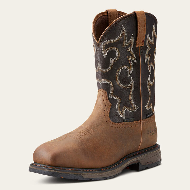 Ariat WorkHog wide square toe waterproof work boots in rye brown with 400g insulation and composite safety toe.