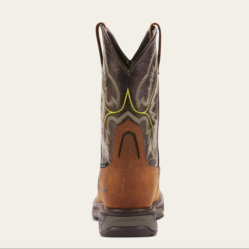 Ariat WorkHog XT waterproof work boots with carbon toe in tumbled bark leather, rugged design for heavy-duty work.