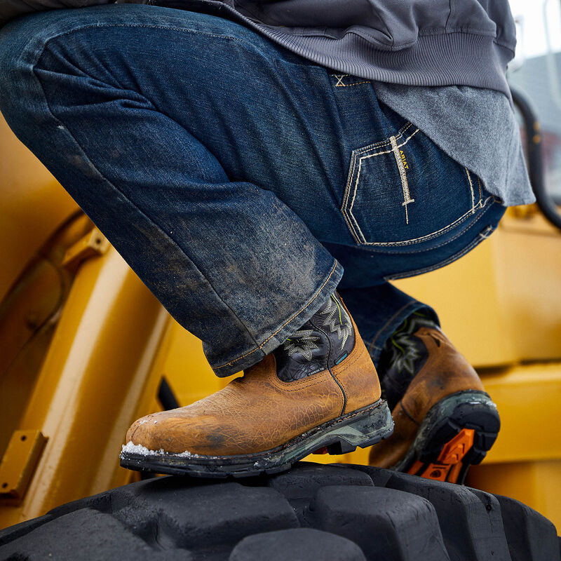 Ariat WorkHog XT waterproof work boots with carbon toe protection in tumbled bark leather, designed for durability and safety.