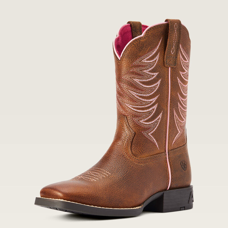 Ariat Youth Firecatcher Western Boot in Rowdy Brown, cowboy-style boots with stitching and pull tabs for kids.