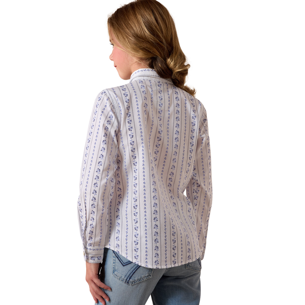 Ariat youth Grace shirt in blossom stripe with long sleeves and button-up front, featuring colorful floral pattern.