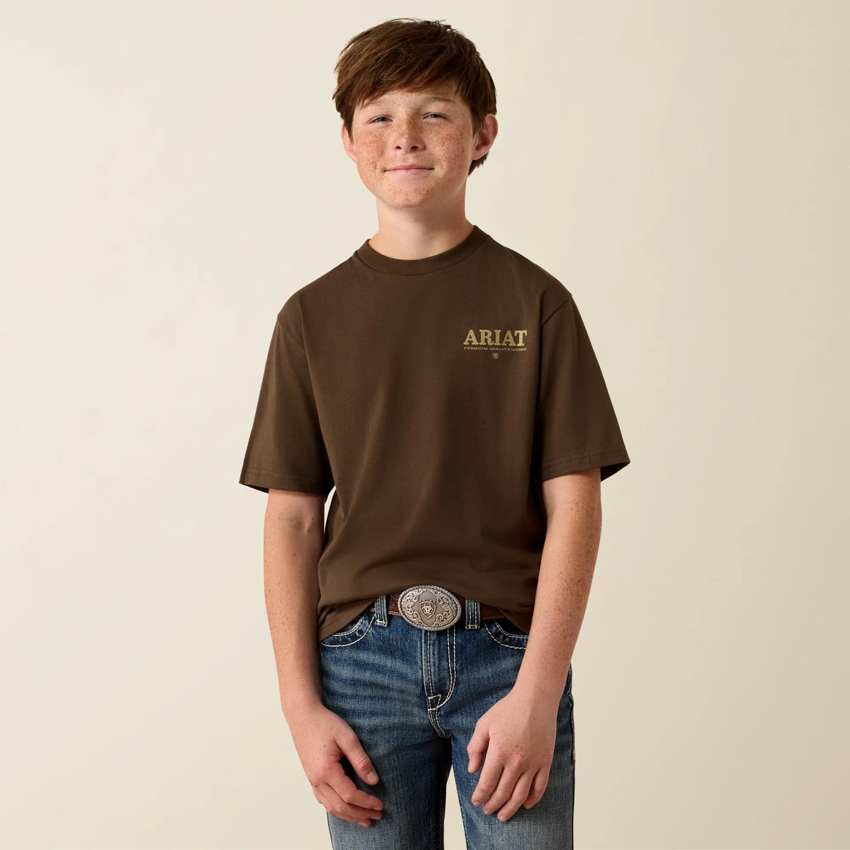 Ariat Youth Mountain Bull t-shirt in Turkish Coffee, front view with graphic