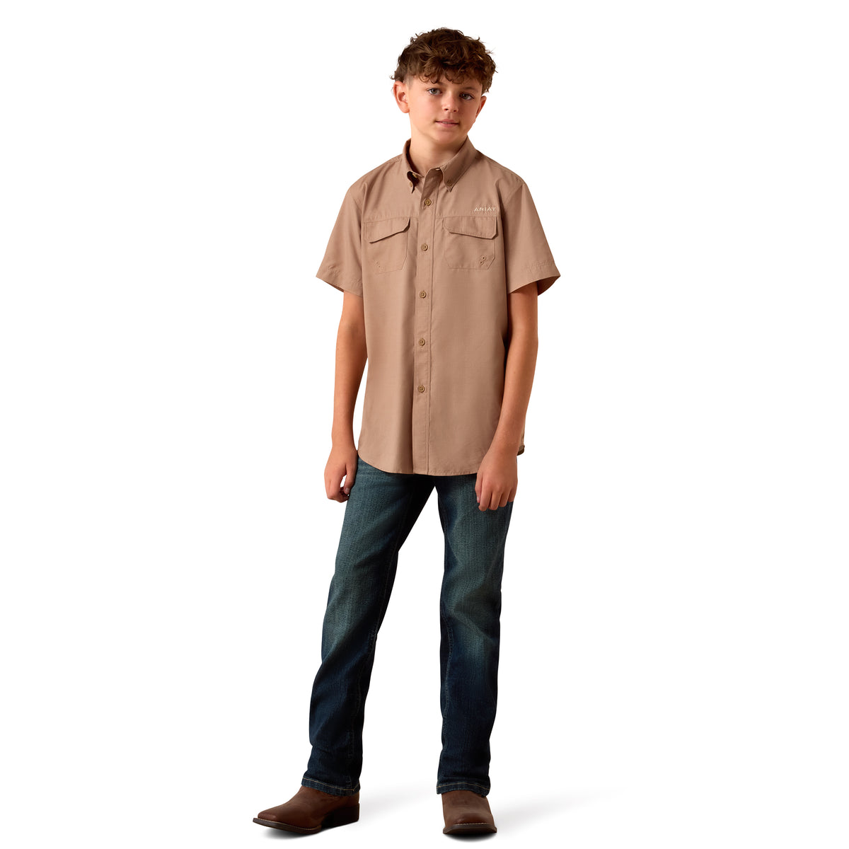 Ariat youth printed VentTEK Outbound shirt in khaki with a Southwest cross print, designed for active kids with breathable fabric.