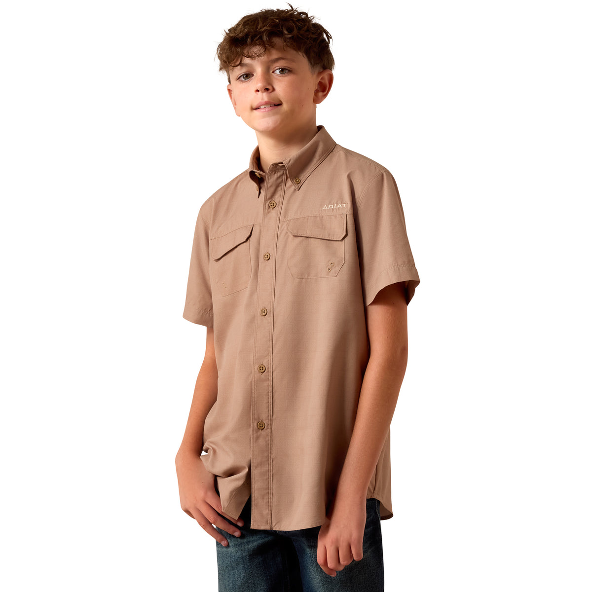 Ariat youth printed VentTEK Outbound shirt in khaki with southwest cross print, lightweight casual button-up for kids.