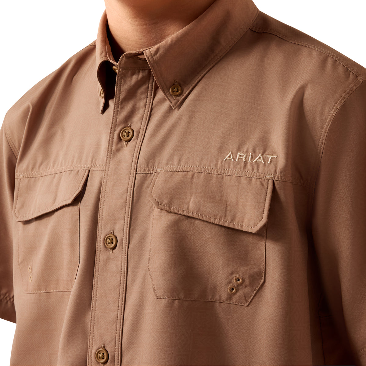 Ariat youth printed VentTEK Outbound shirt in khaki with a Southwest cross print, featuring long sleeves and button-up front.