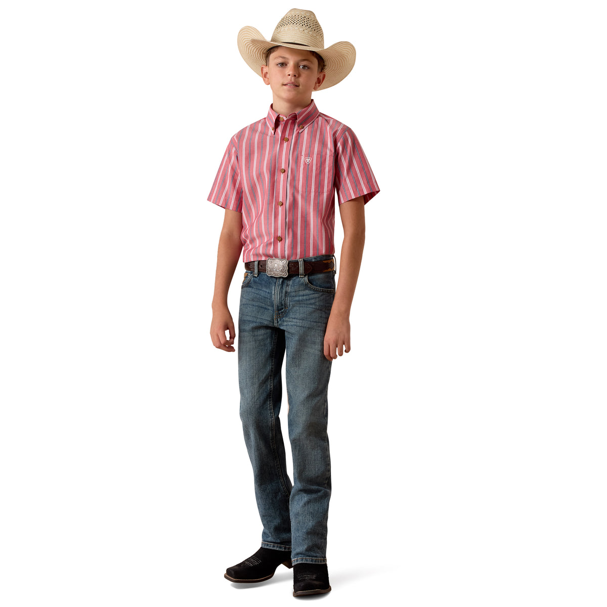 Ariat Youth Pro Series Bobby Shirt in Hibiscus Red Stripe, showing a stylish casual shirt with bold red and white stripe pattern.