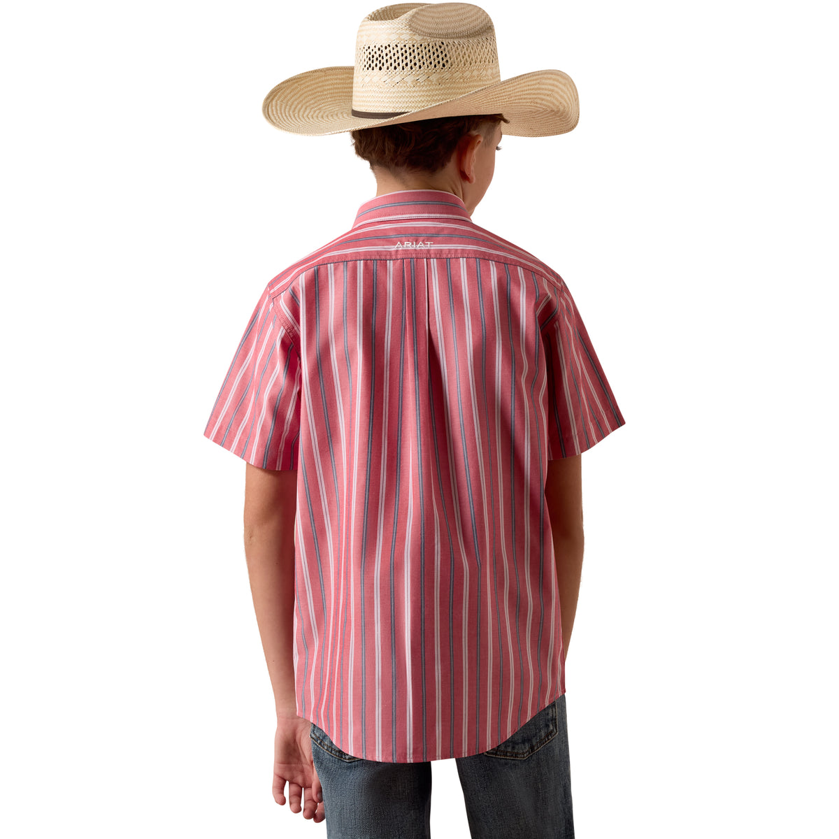 Ariat Youth Pro Series Bobby Shirt in Hibiscus Red Stripe, featuring a stylish and comfortable striped shirt for young riders.