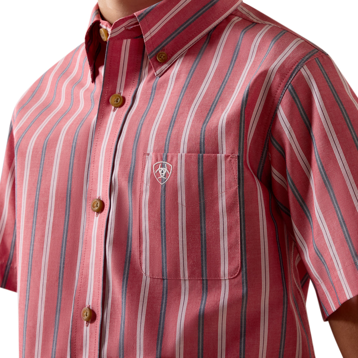 Ariat Youth Pro Series Bobby Shirt in Hibiscus Red Stripe, featuring a casual button-up design with colorful stripes.