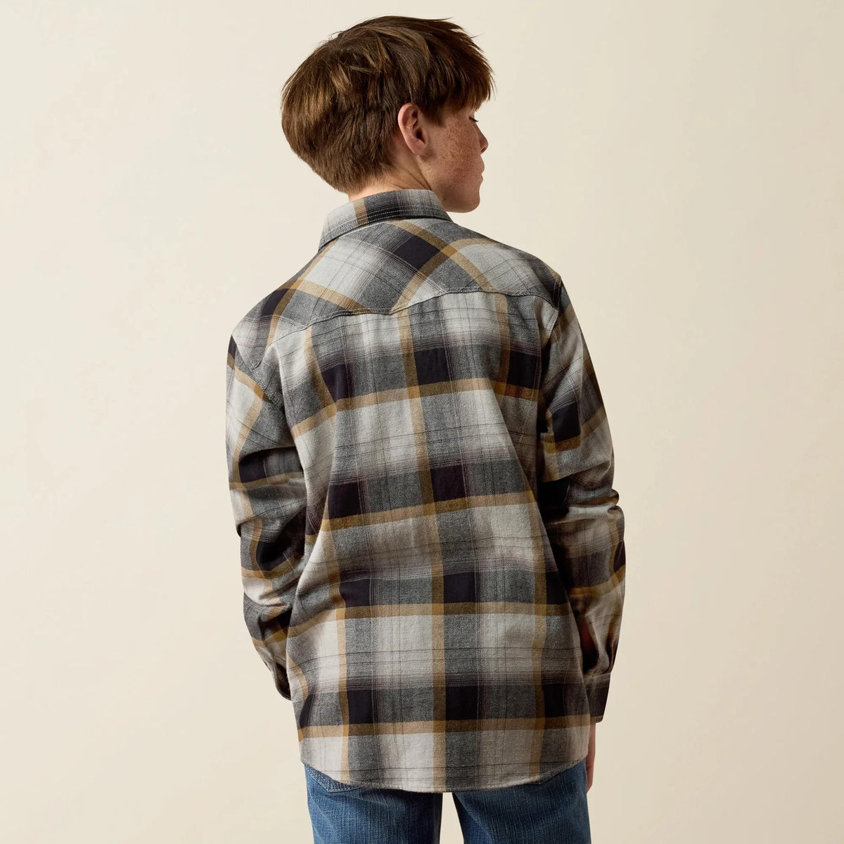Ariat Youth Retro Heinz classic fit snap shirt in grey heather, back view