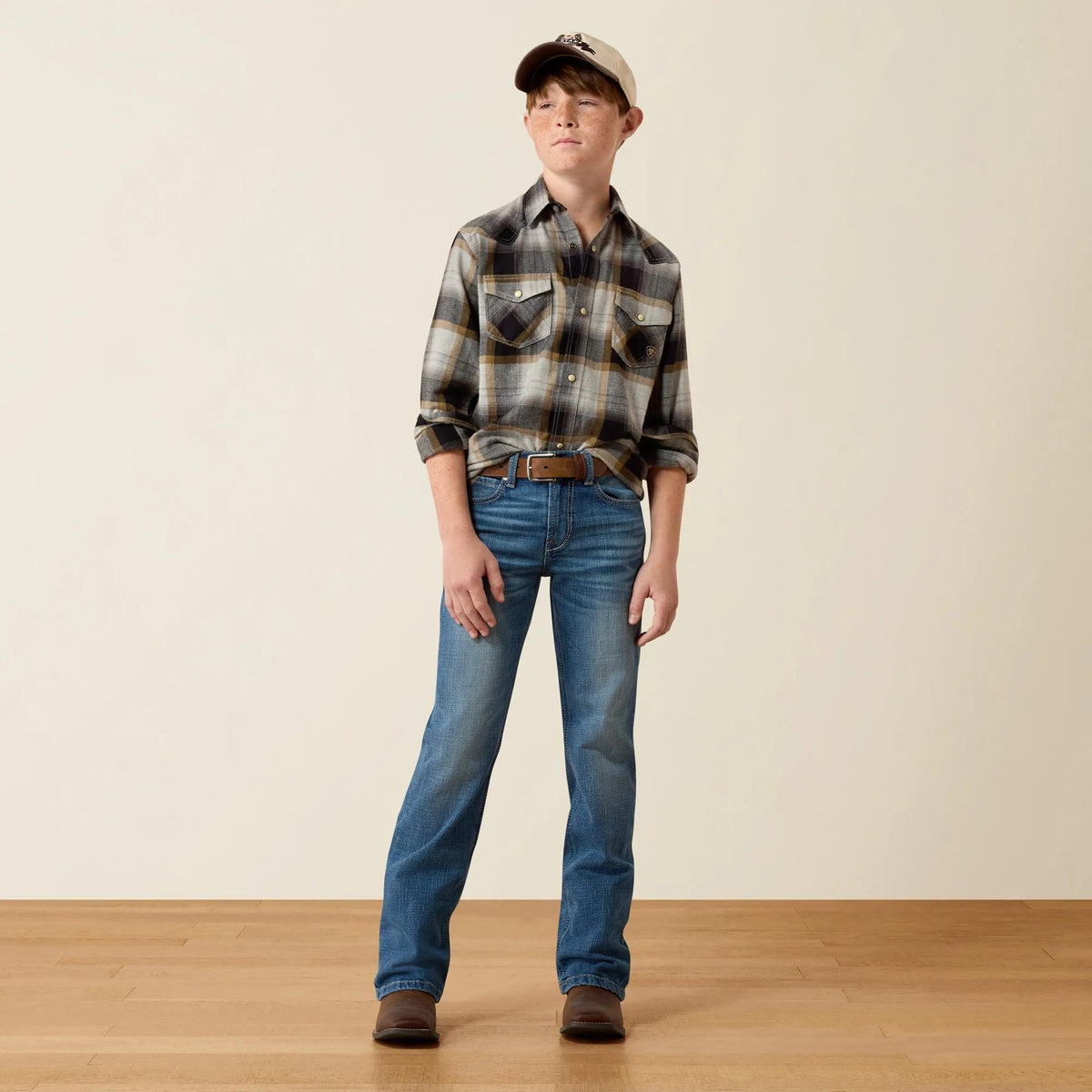 Ariat Youth Retro Heinz classic fit snap shirt in grey heather, full-length view on model
