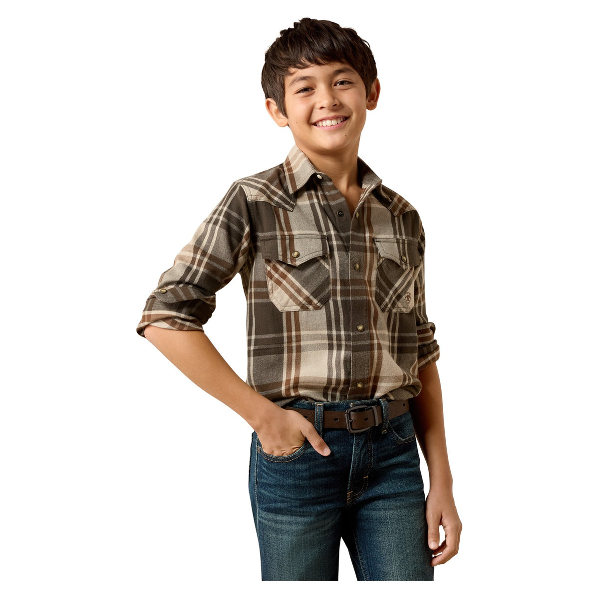 Ariat Youth Retro Howell Classic Fit Snap Shirt, Dusky Green – front