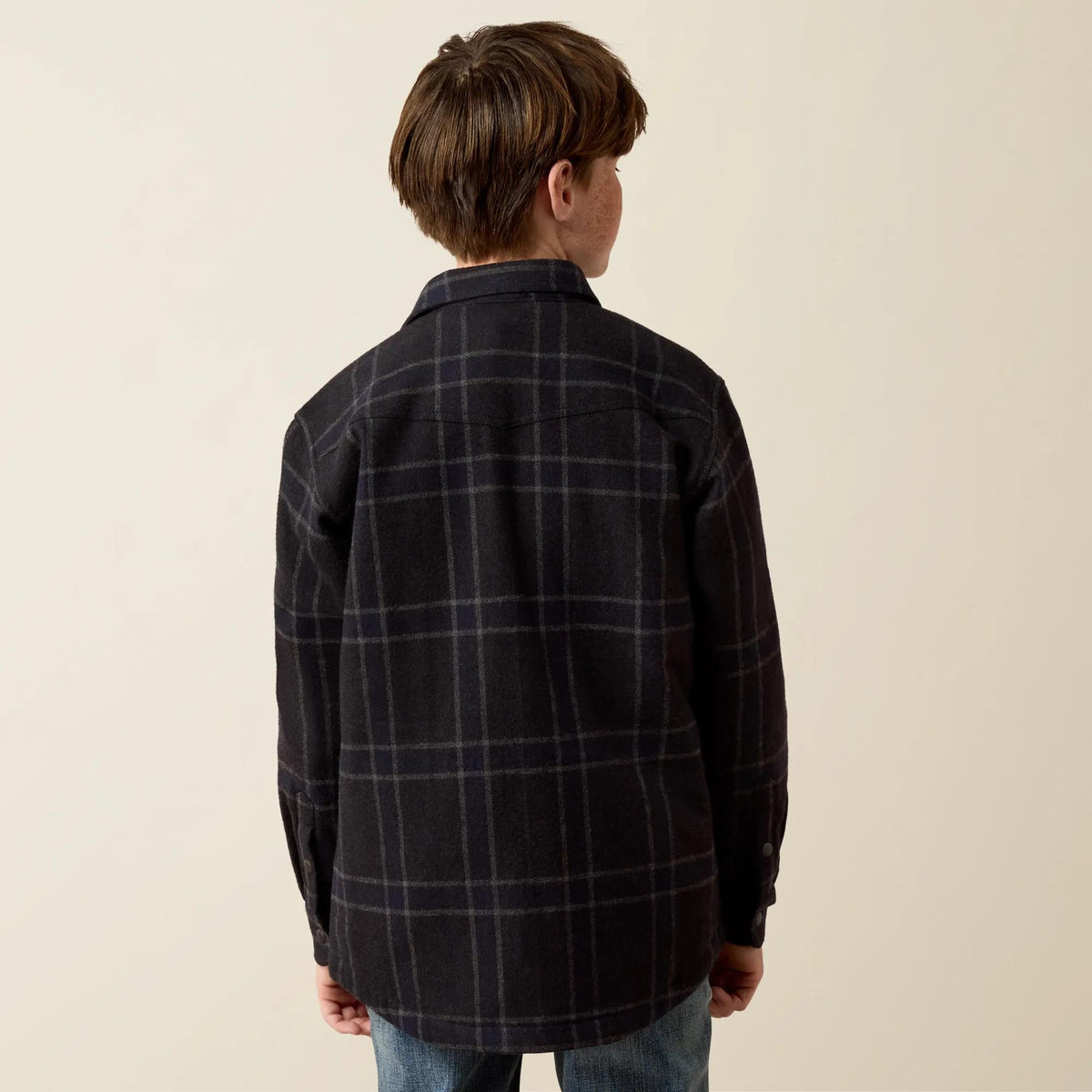 Ariat Youth Retro shirt jacket in charcoal plaid, back view