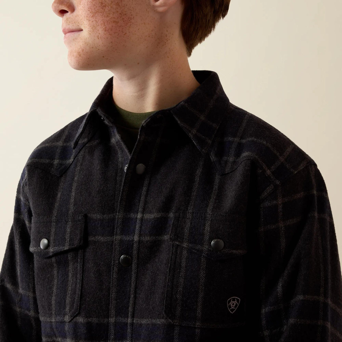 Ariat Youth Retro shirt jacket in charcoal plaid, close-up detail