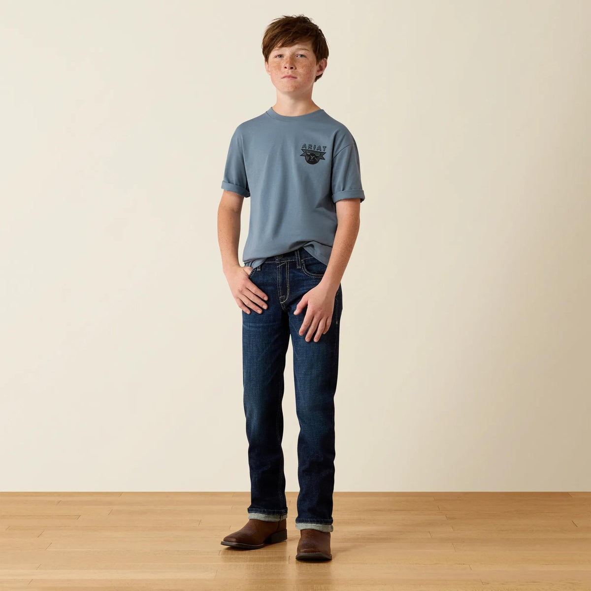 Ariat Youth Rope and Ride t-shirt in light denim, full-length view on model