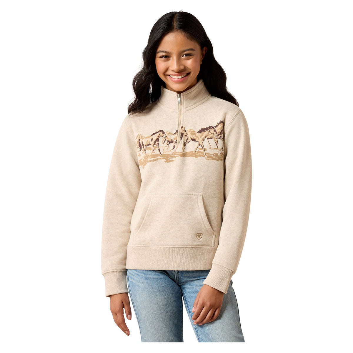 Ariat Youth Running Wild 1/4 Zip Sweatshirt, Oatmeal Heather – front