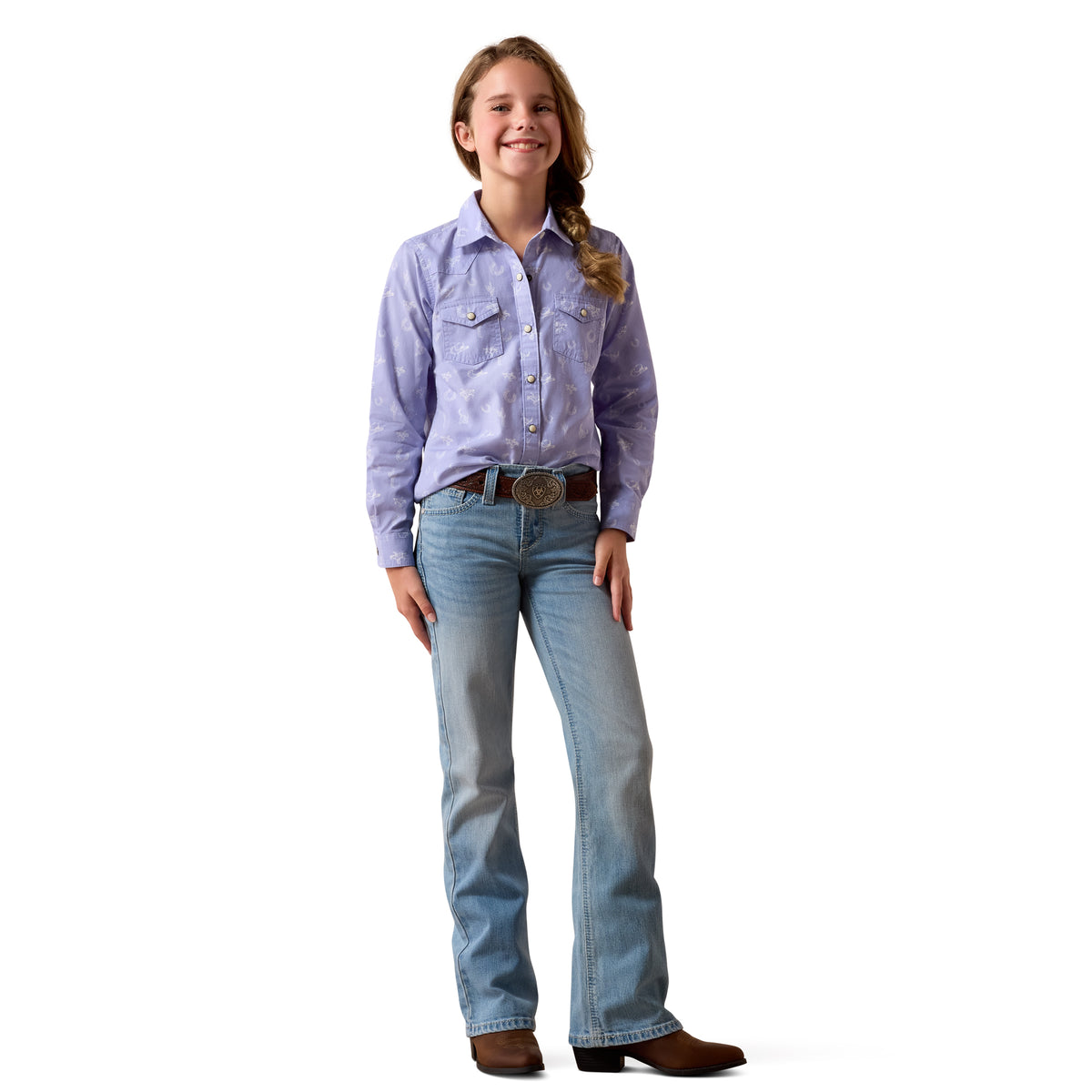 Ariat youth western motifs shirt in lavender with Western-inspired design, featuring button-down front and Western style details.