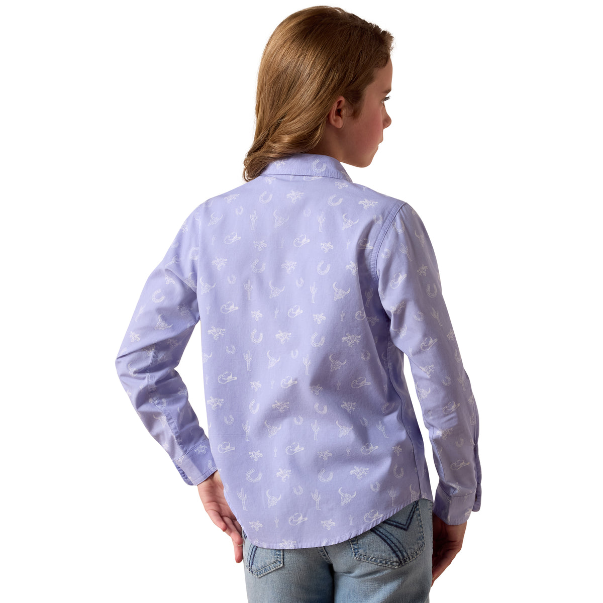 Ariat youth western motifs shirt in lavender, featuring Western-inspired embroidery and casual button-up design.