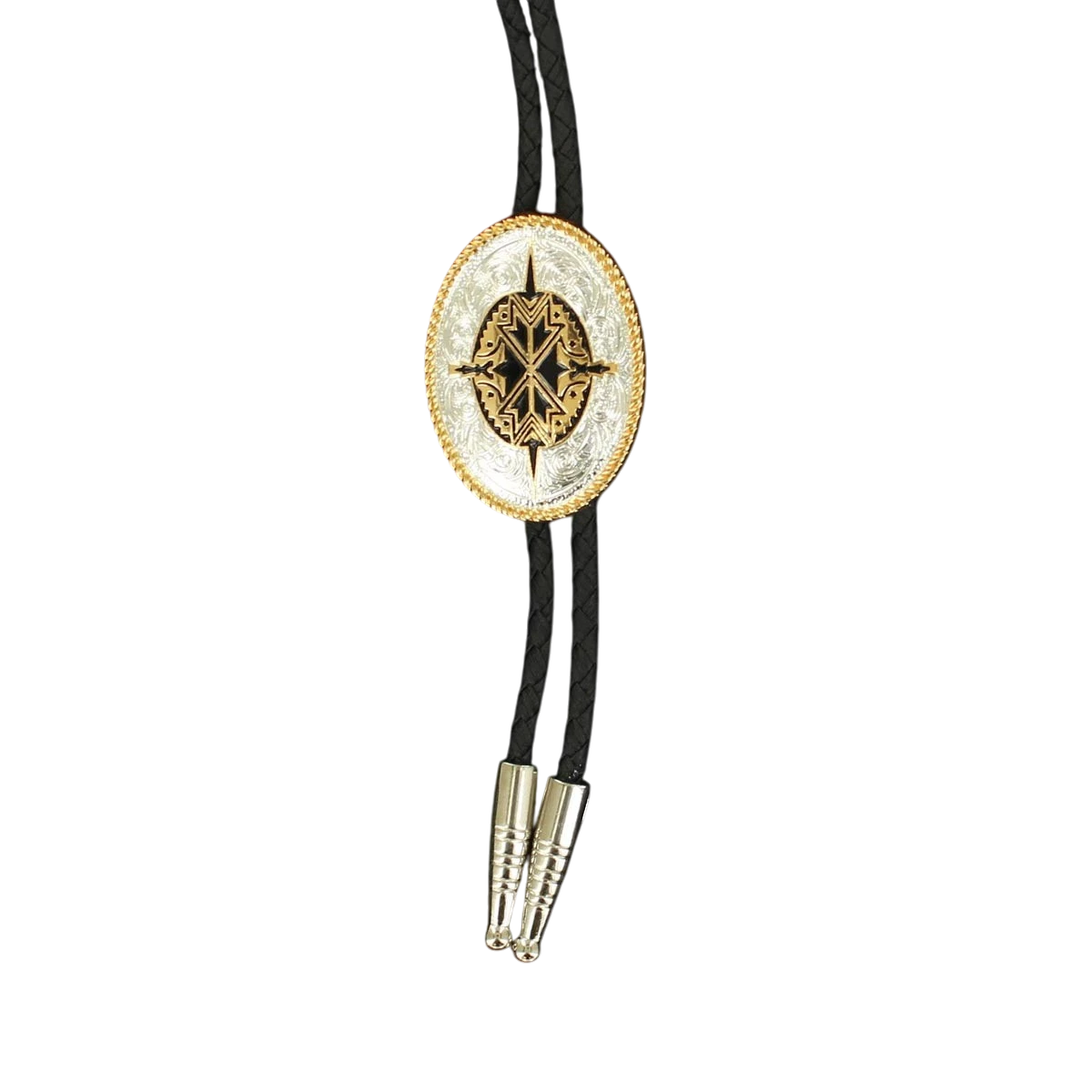 Black and gold Aztec design bolo tie with intricate pattern, featuring a sleek, stylish M&F bolo tie for western or southwestern fashion