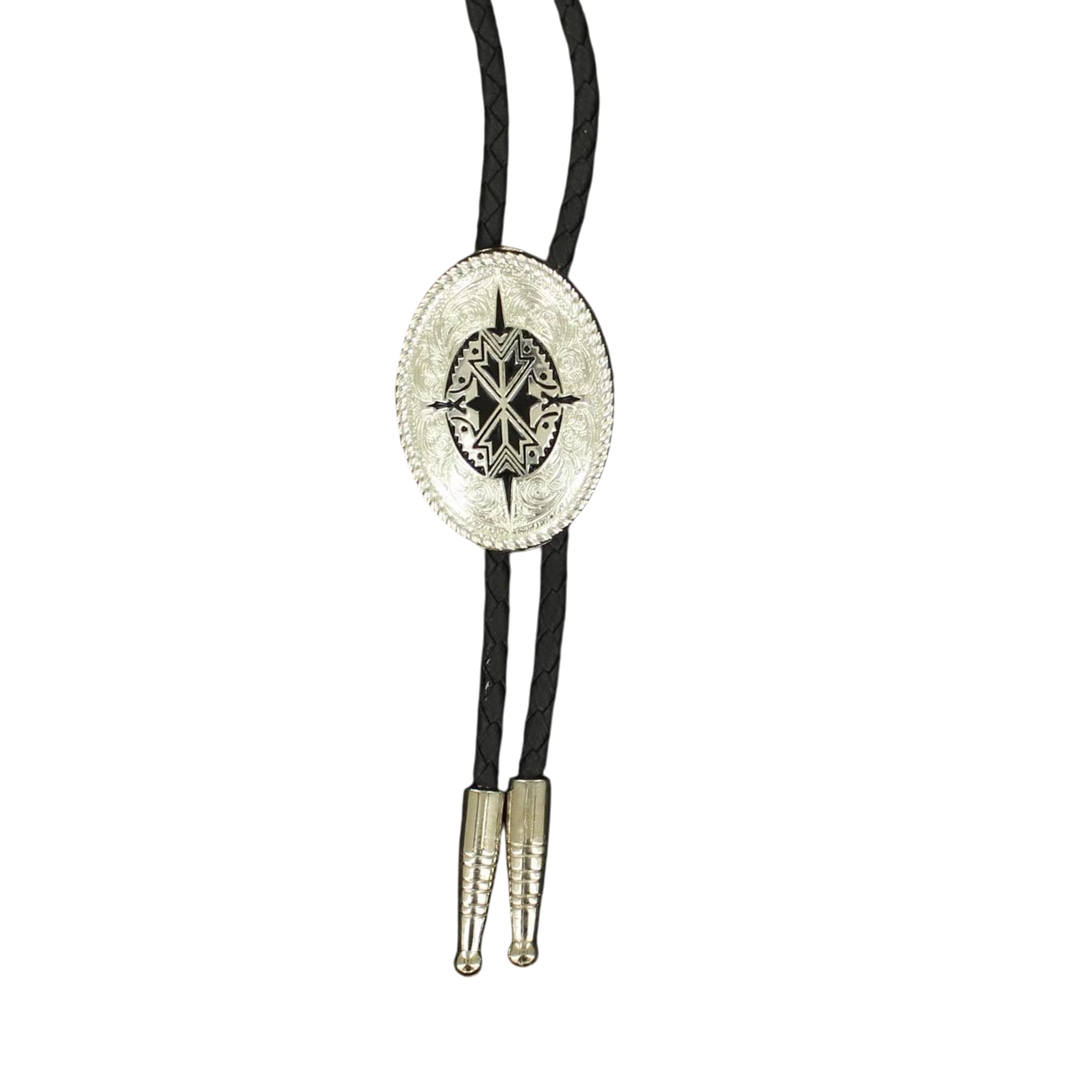 M&F Aztec design bolo tie with intricate tribal pattern and leather cord for western or casual style.
