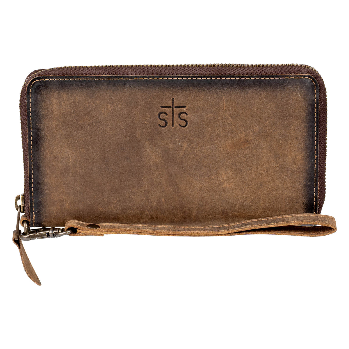 STS Ranchwear Baroness Betsy Bifold Wristlet in leather with embossed floral design and wrist strap, compact and stylish.