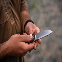 Benchmade Grizzly Creek knife with stabilized wood handle and drop-point blade, showcasing detailed craftsmanship and blade edge.