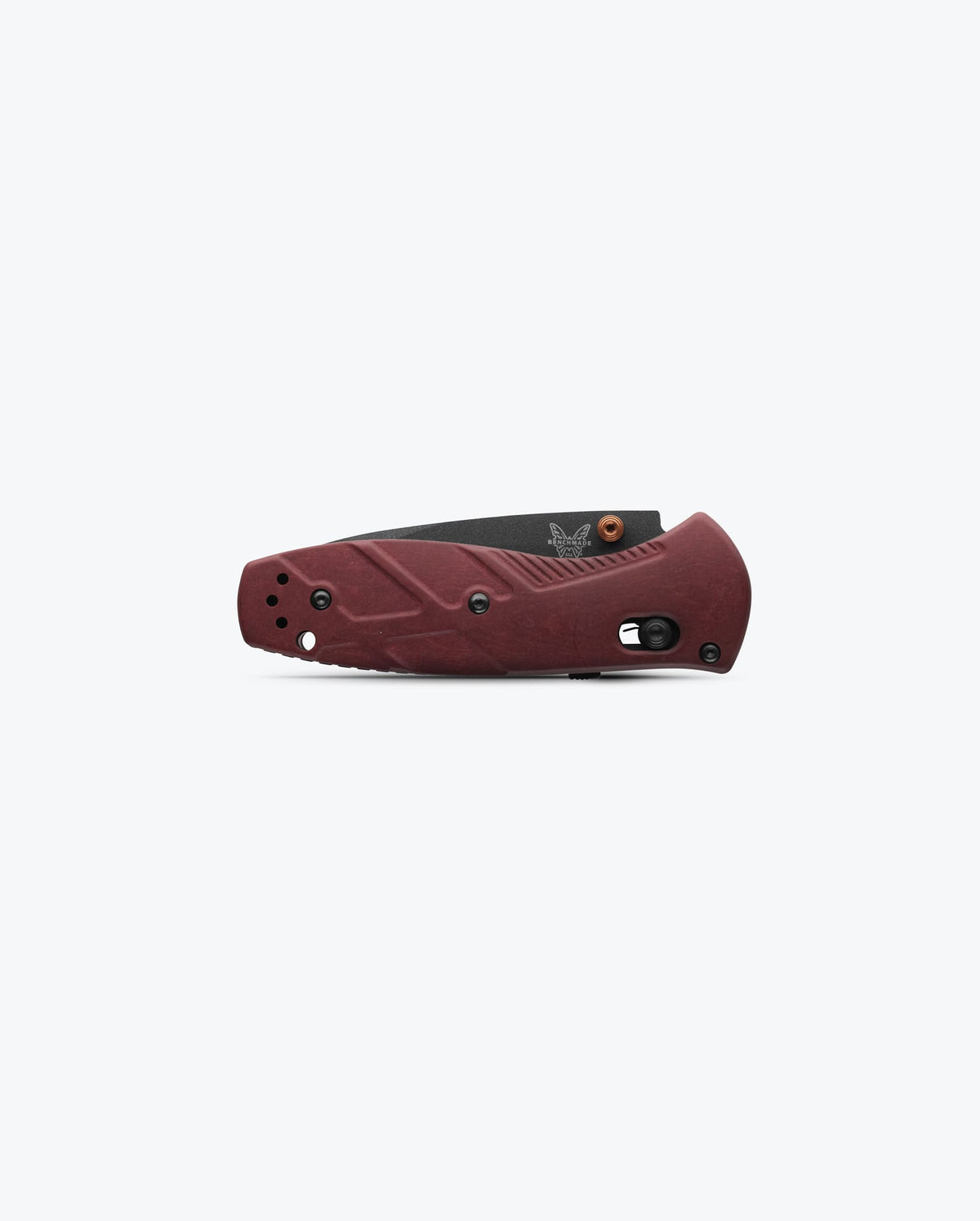 Benchmade Mini Barrage knife with redstone handle and drop-point blade, showcasing a compact, high-quality folding knife design.