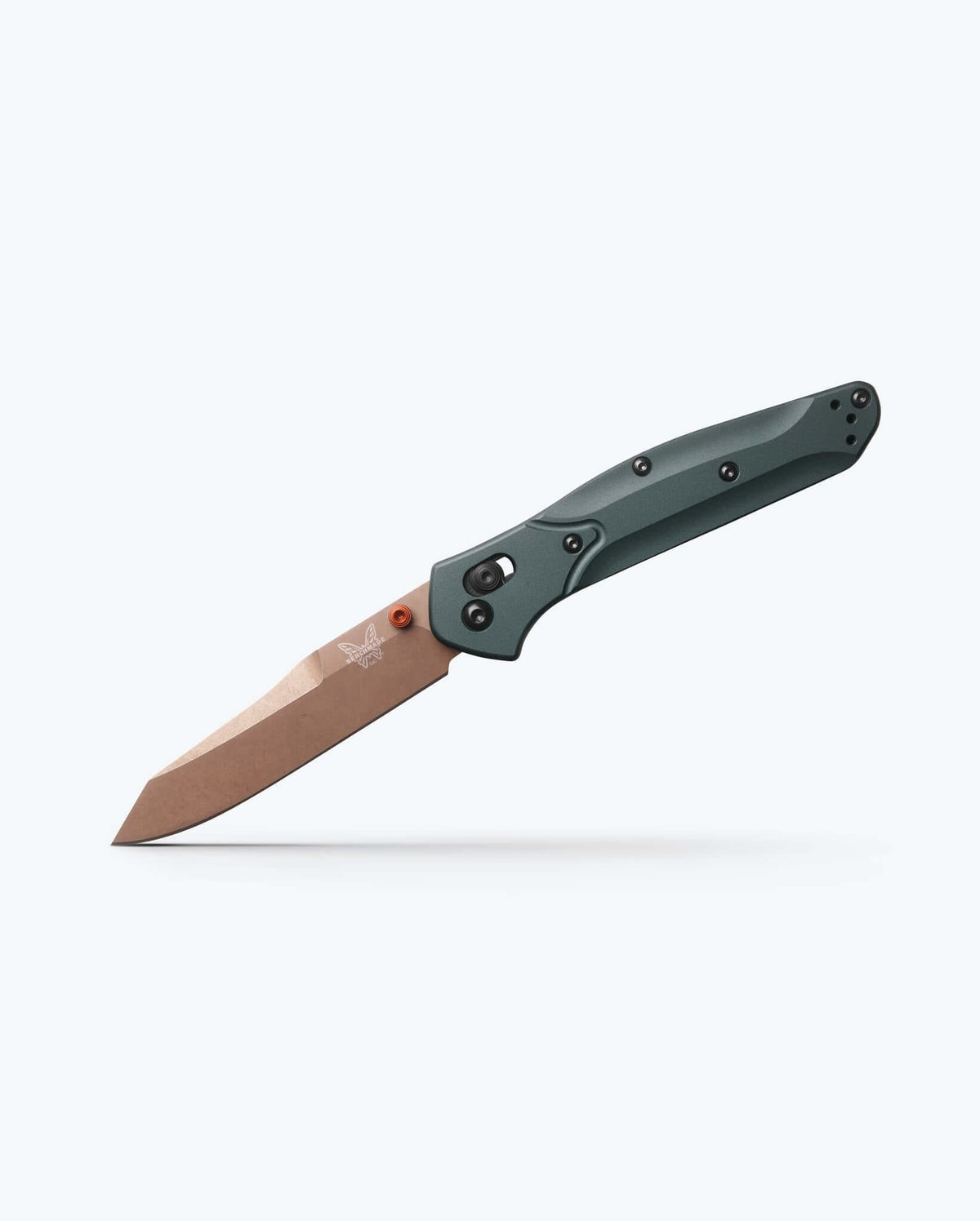Benchmade Osborne knife with a taiga green handle and reverse tanto blade, showcasing a sleek, tactical folding knife design.