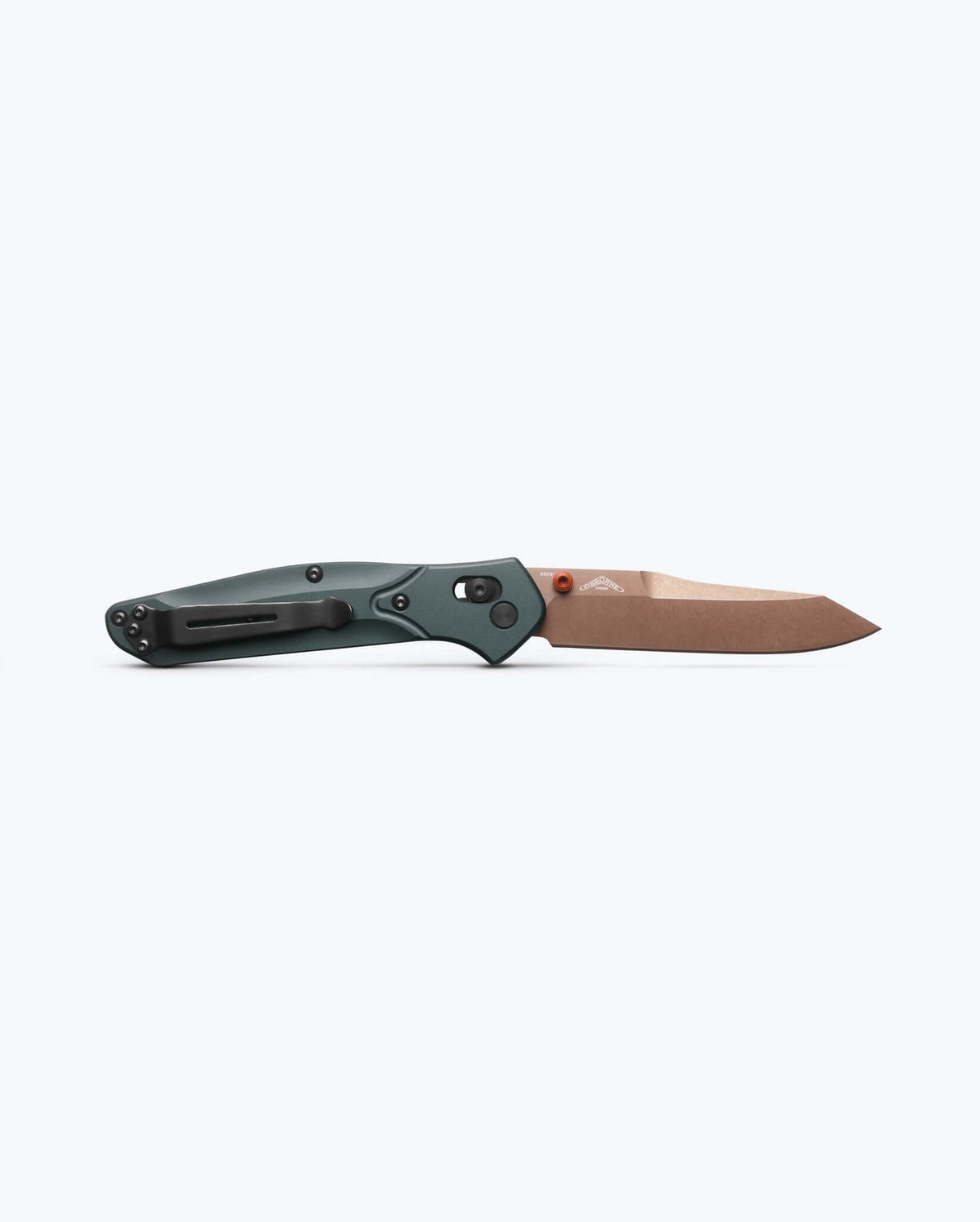 Benchmade Osborne knife with Taiga Green handle and reverse tanto blade, showcasing its sleek design and premium craftsmanship.