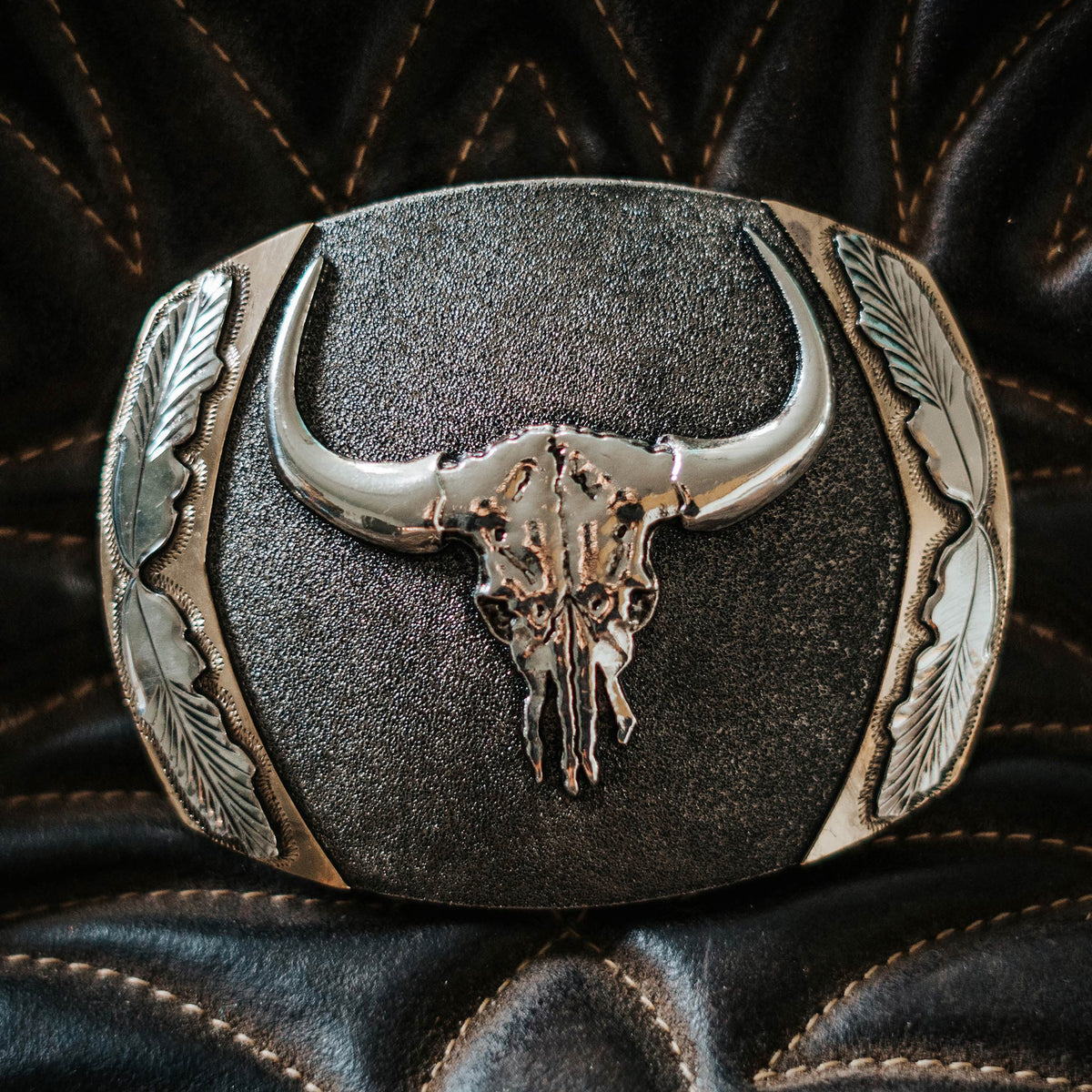 AndWest Big Horn Longhorn Skull with Feathers belt buckle, detailed Western-inspired buckle with skull and feather design.