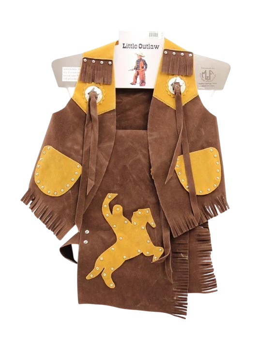 M&F Bigtime Rodeo children's toy set with chaps and vest, featuring colorful cowboy-themed pretend play accessories.