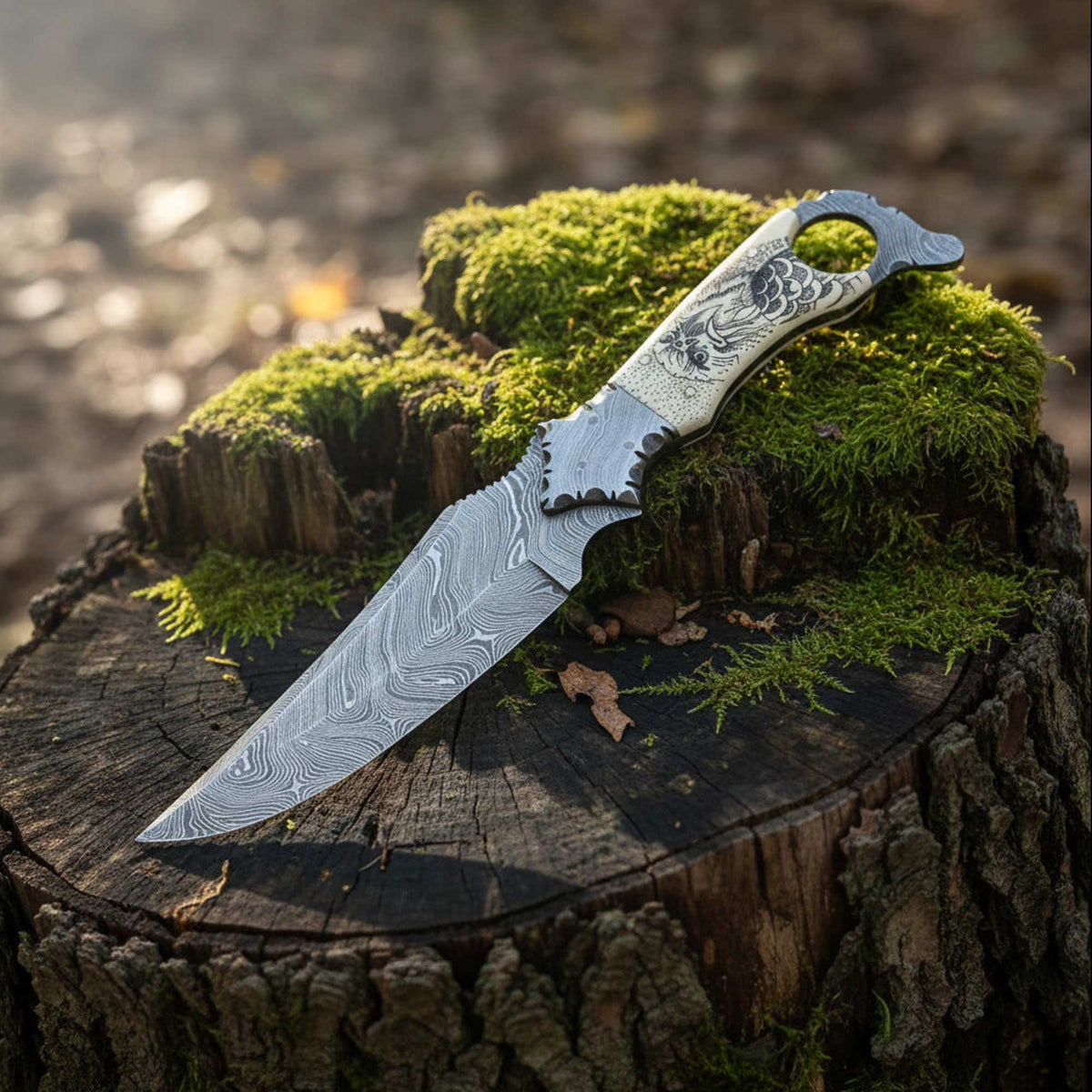 Malika Knives Biker Ringtail Knife with Damascus blade and camel bone handle, compact EDC folding knife.