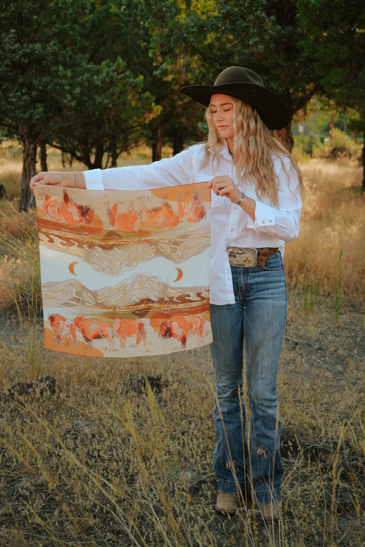 Tirzah Lane Art Bison and mountain range design on silk Western buffalo wild rag scarf, showcasing detailed wildlife and mountain imagery.