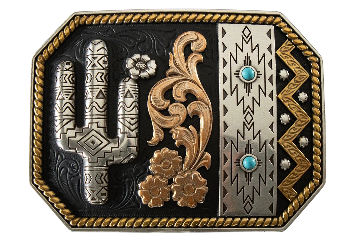 M&F Blazin Roxx belt buckle featuring a cactus and turquoise design with silver accents, suitable for Western or casual wear.
