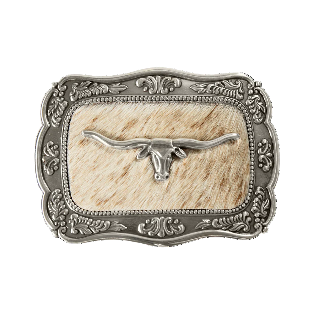 M&F Blazin Roxx Long Horn Calf Hair Belt Buckle with Western longhorn design on a silver-toned buckle.