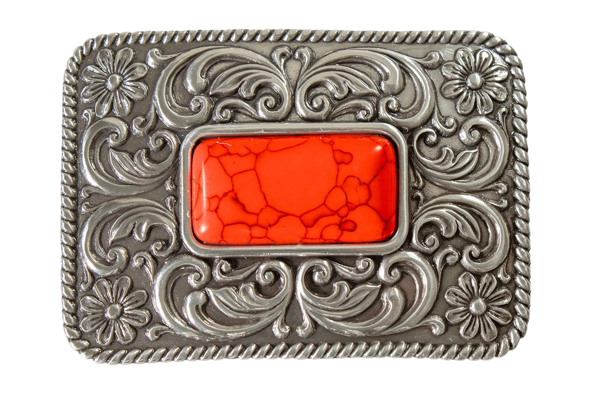 M&F Blazin Roxx red stone belt buckle with intricate design and silver-tone finish, suitable for Western or casual wear.